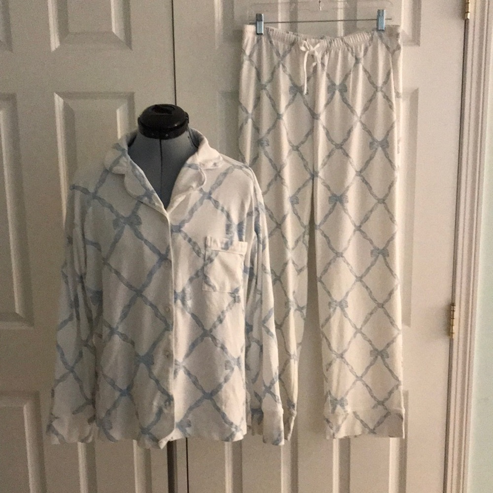 Beufort Bonnet Company Blue Bow Ribbons on White Pajama Set Top Bottoms L